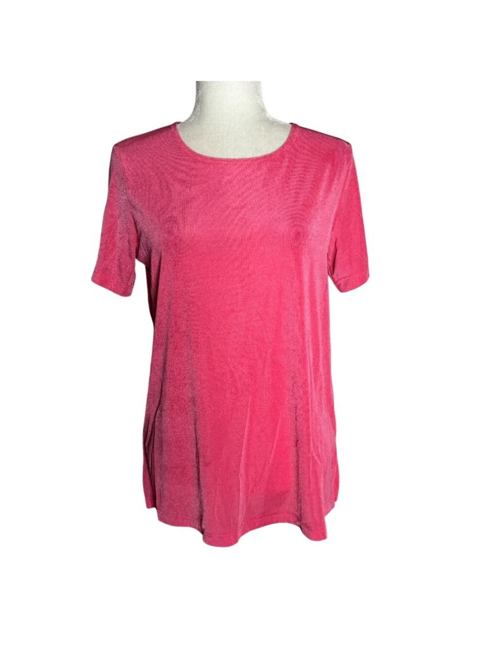 Vintage 90s Carolyn Strauss Stretch Knit Tunic Top Medium Pink Short Sleeve USA